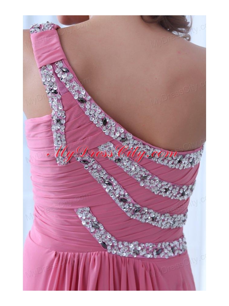 Empire One Shoulder Rose Pink Ruching and Beading Chiffon Prom Dress