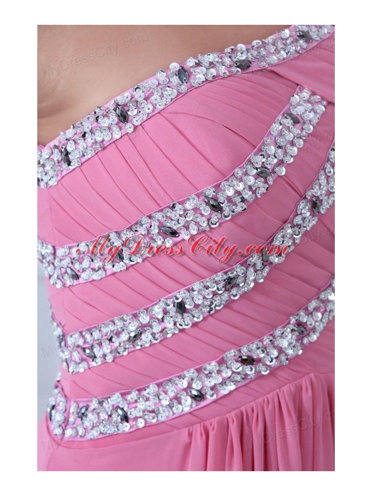 Empire One Shoulder Rose Pink Ruching and Beading Chiffon Prom Dress