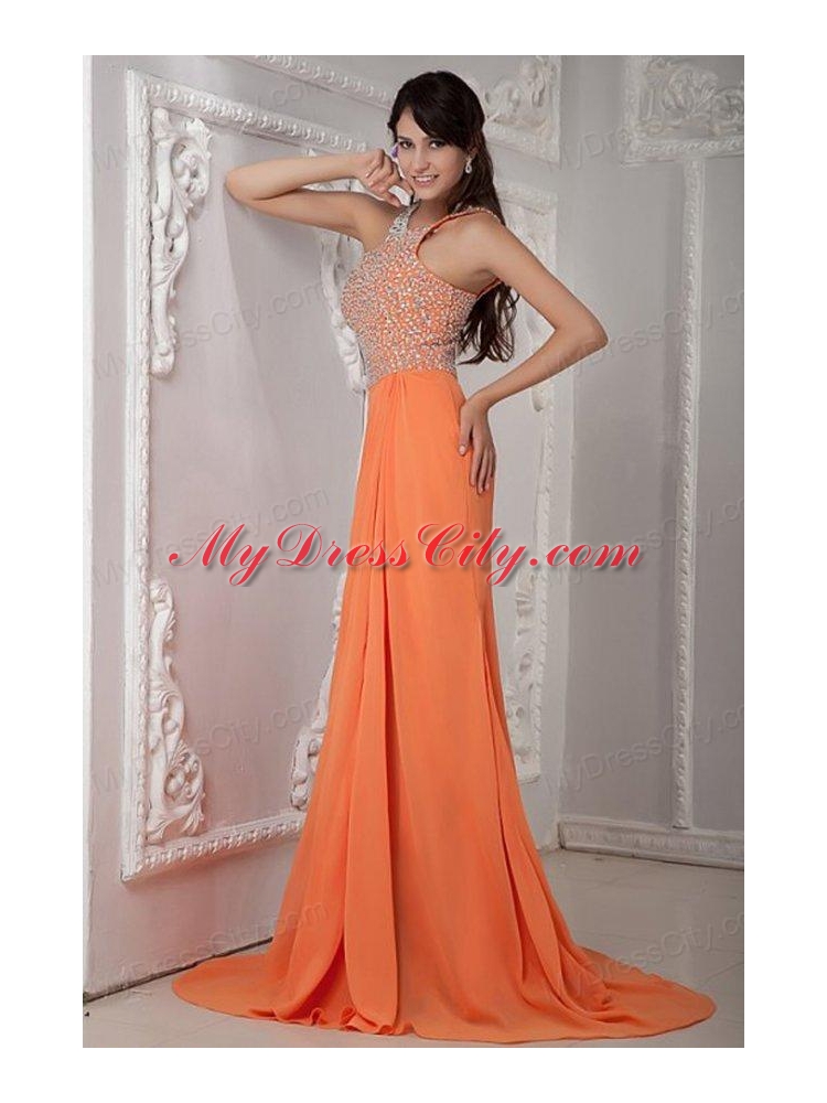 Empire Orange Scoop Beading Chiffon Brush Train Prom Dress