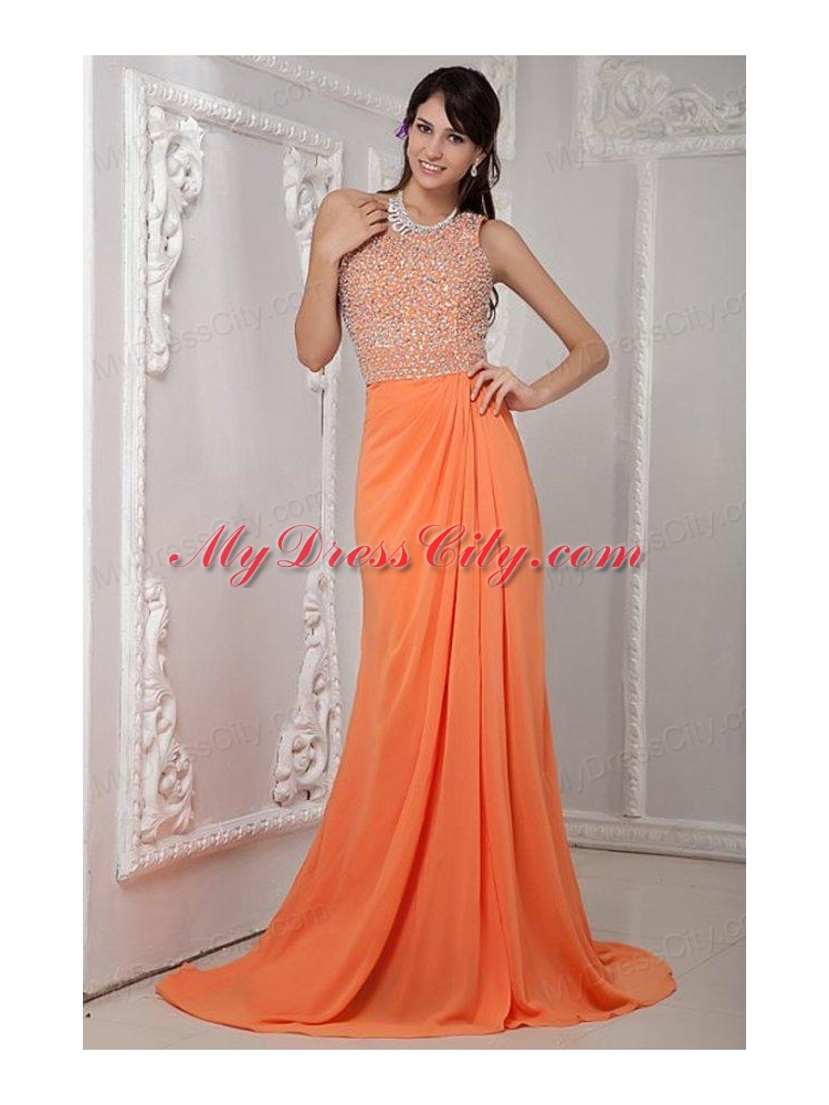 Empire Orange Scoop Beading Chiffon Brush Train Prom Dress