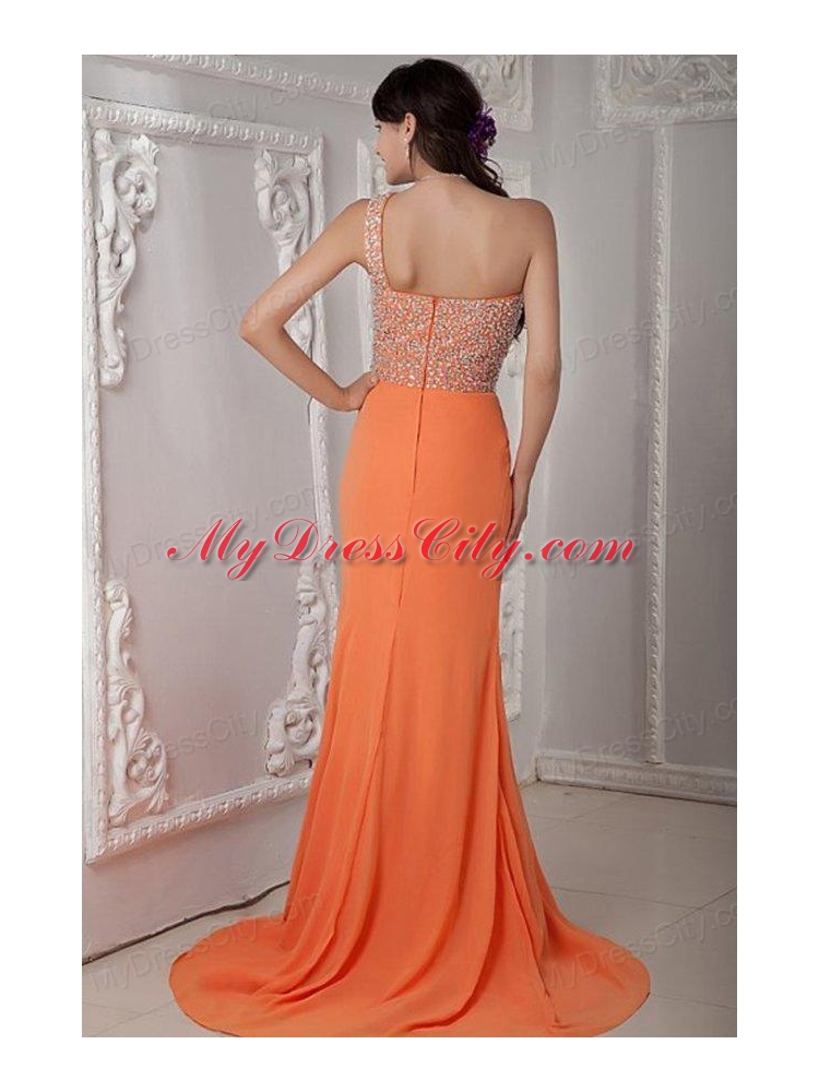 Empire Orange Scoop Beading Chiffon Brush Train Prom Dress