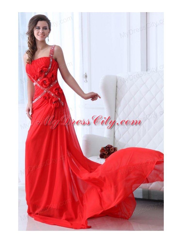 Empire Red One Shoulder Ruching and Beading Chiffon Prom Dress