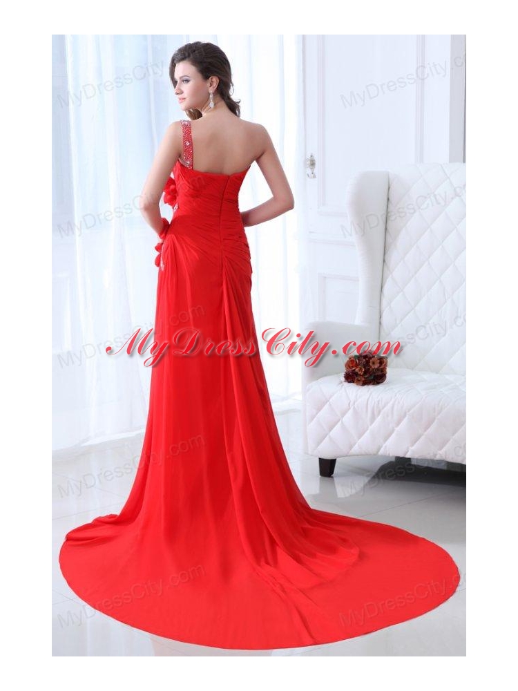 Empire Red One Shoulder Ruching and Beading Chiffon Prom Dress