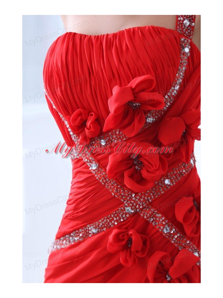 Empire Red One Shoulder Ruching and Beading Chiffon Prom Dress