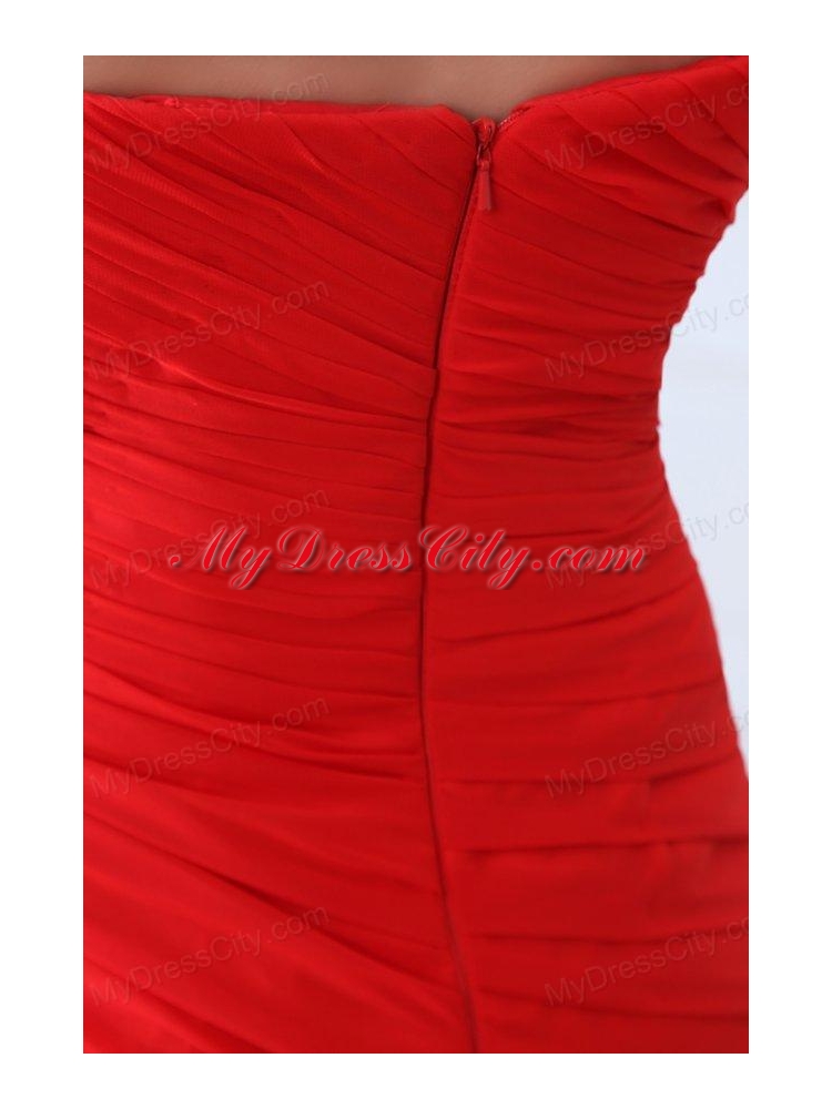 Empire Red One Shoulder Ruching and Beading Chiffon Prom Dress