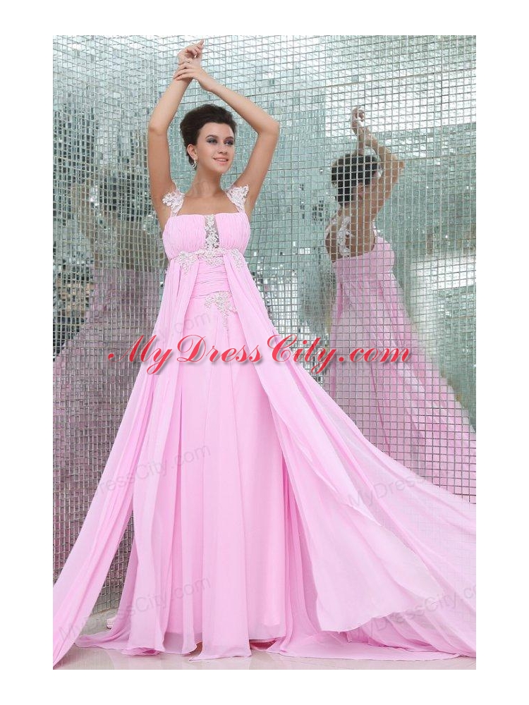 Empire Straps Rose Pink Appliques and Ruching Chiffon Prom Dress