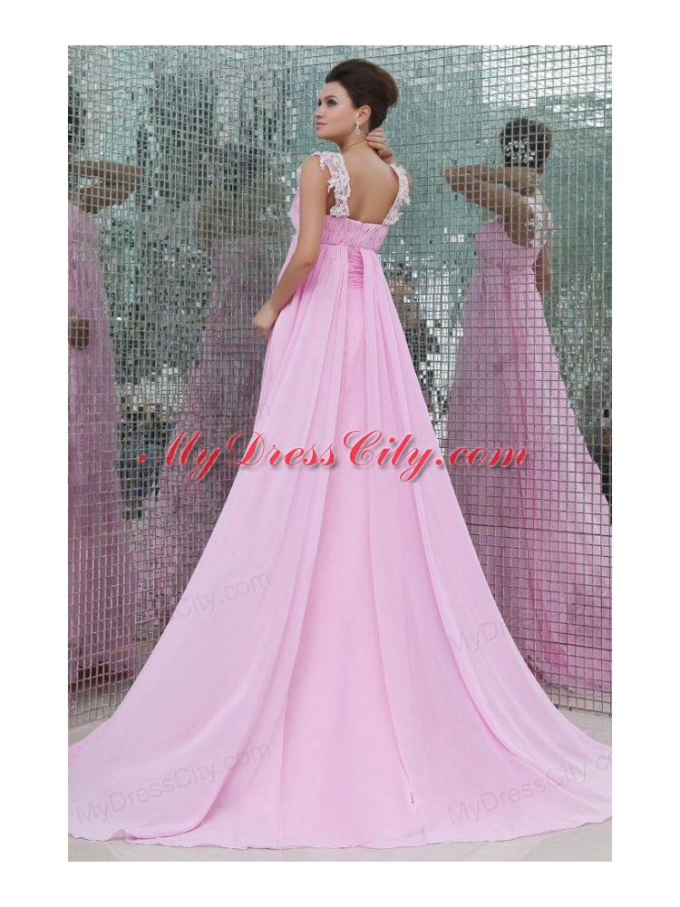 Empire Straps Rose Pink Appliques and Ruching Chiffon Prom Dress