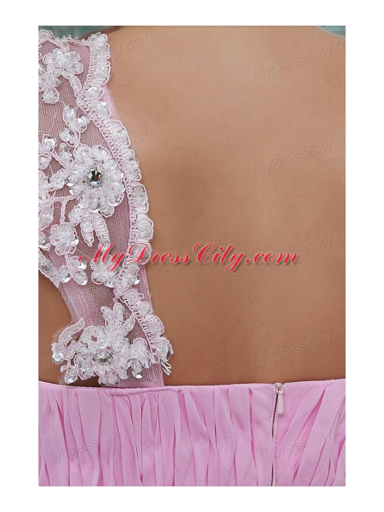 Empire Straps Rose Pink Appliques and Ruching Chiffon Prom Dress