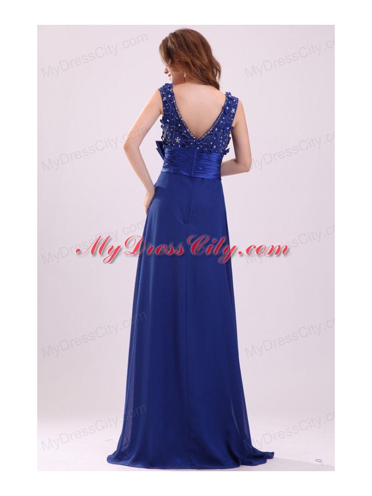 Empire V-neck Blue Blue Beading and Bowknot Taffeta Prom Dress