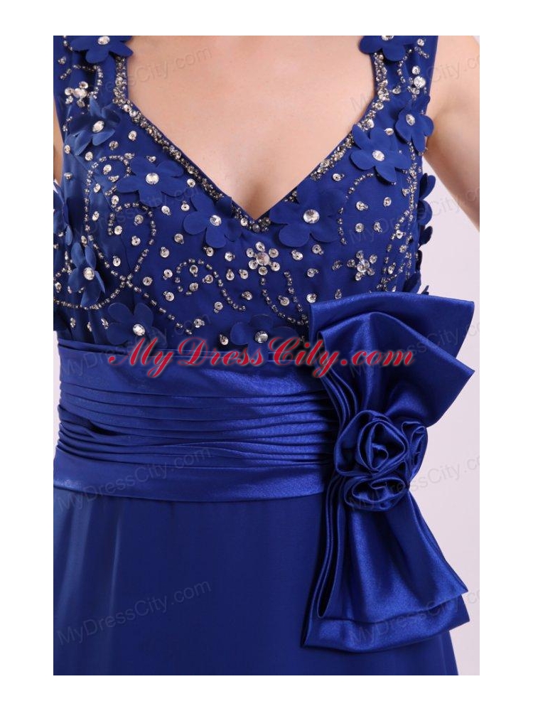 Empire V-neck Blue Blue Beading and Bowknot Taffeta Prom Dress