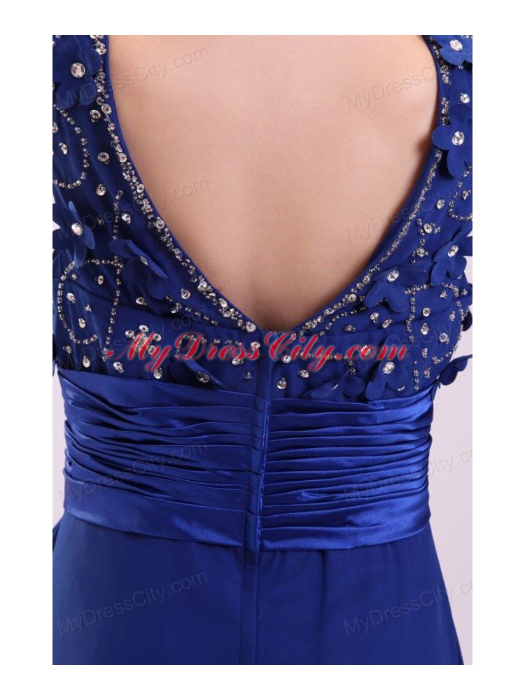 Empire V-neck Blue Blue Beading and Bowknot Taffeta Prom Dress