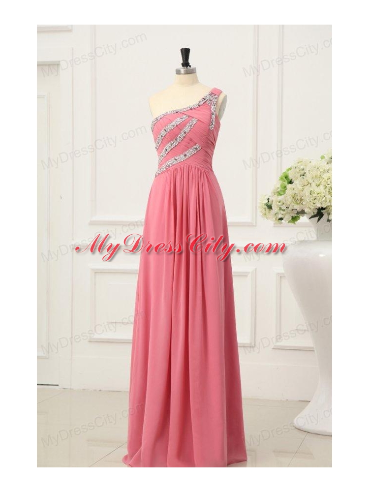 Empire Watermelon One Shoulder Beaded Decorate Full Length Prom Dress