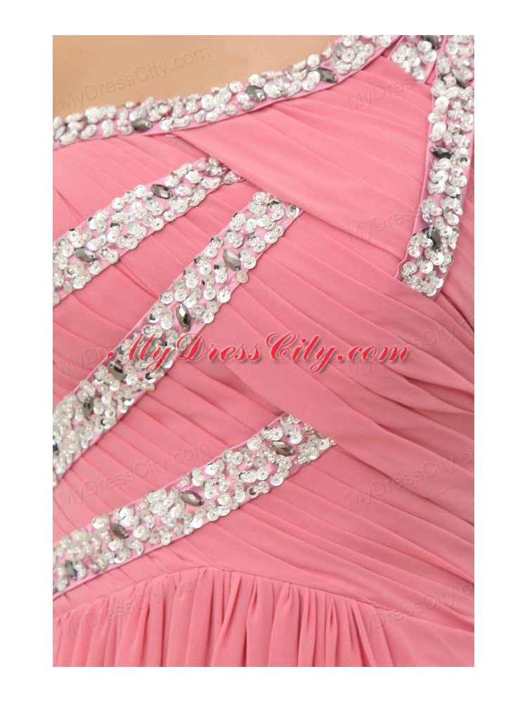 Empire Watermelon One Shoulder Beaded Decorate Full Length Prom Dress