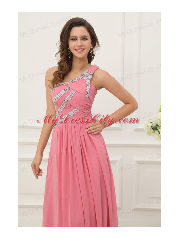 Empire Watermelon One Shoulder Beaded Decorate Full Length Prom Dress