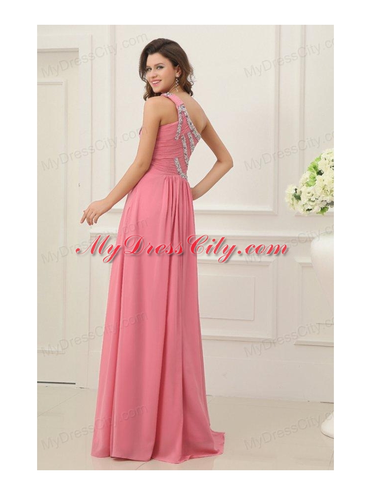 Empire Watermelon One Shoulder Beaded Decorate Full Length Prom Dress