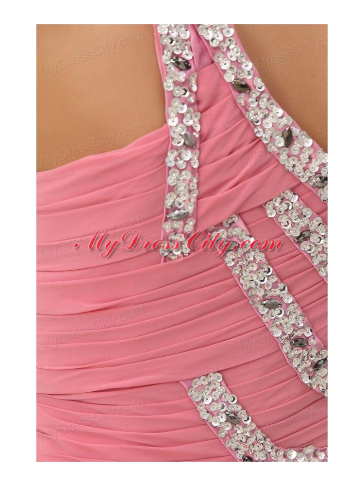 Empire Watermelon One Shoulder Beaded Decorate Full Length Prom Dress