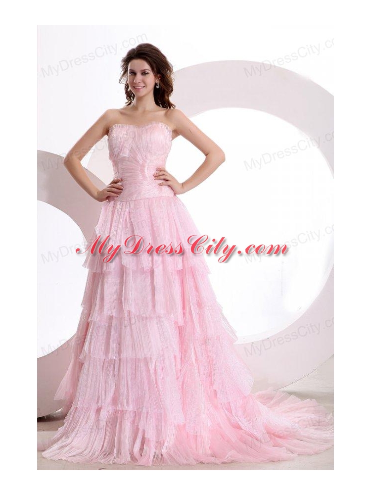 Exquisite A-line Sweetheart Court Train Ruching Pink Prom Dress