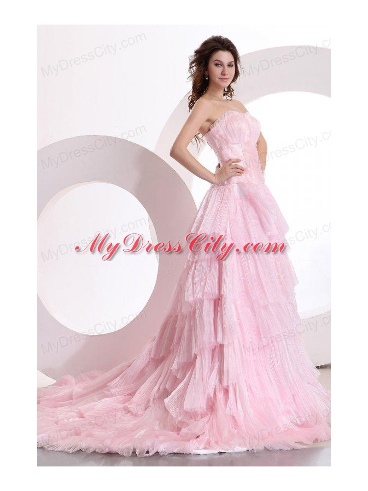 Exquisite A-line Sweetheart Court Train Ruching Pink Prom Dress