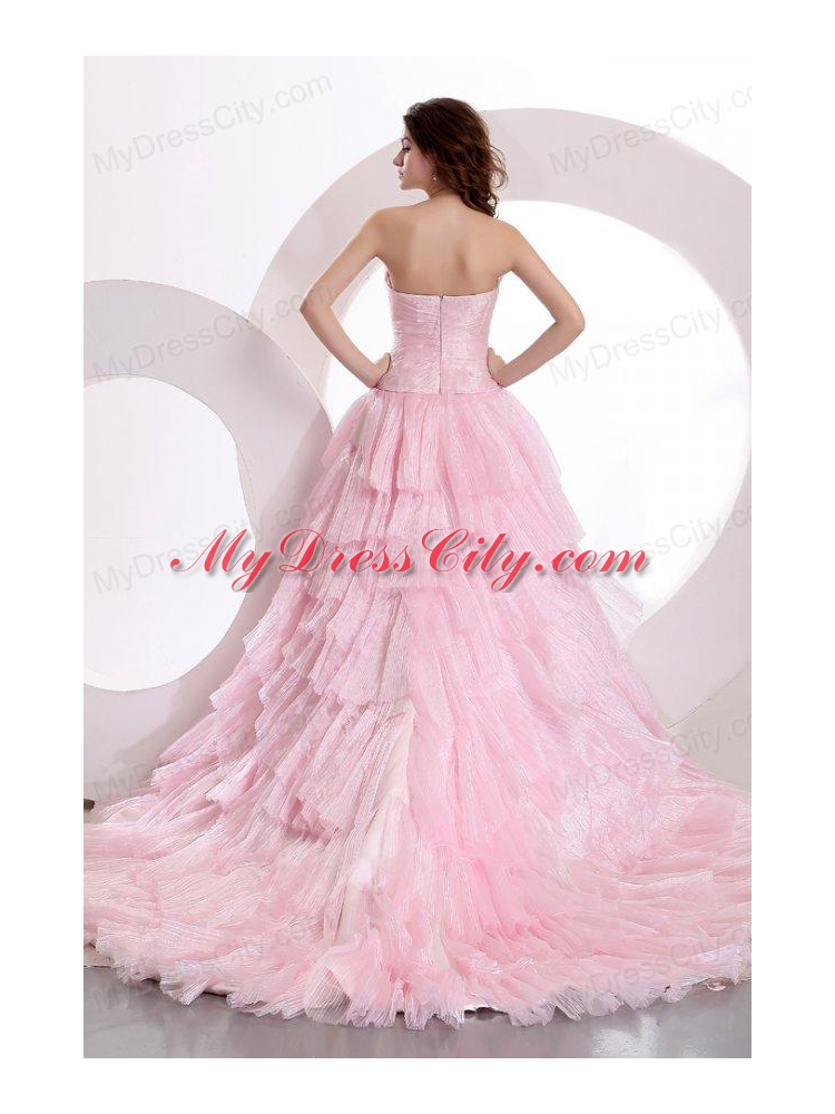 Exquisite A-line Sweetheart Court Train Ruching Pink Prom Dress