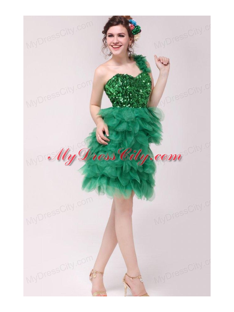 Green A-line One Shoulder Sequins and Ruffles Prom Dress