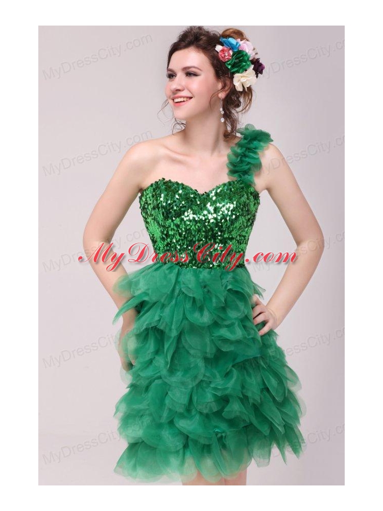 Green A-line One Shoulder Sequins and Ruffles Prom Dress