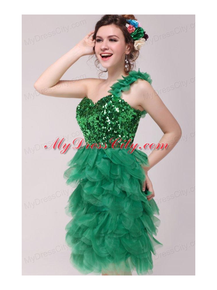 Green A-line One Shoulder Sequins and Ruffles Prom Dress