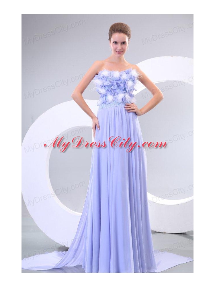 Lavender Strapless Empire Appliques and Laciness Watteau Train Prom Dress