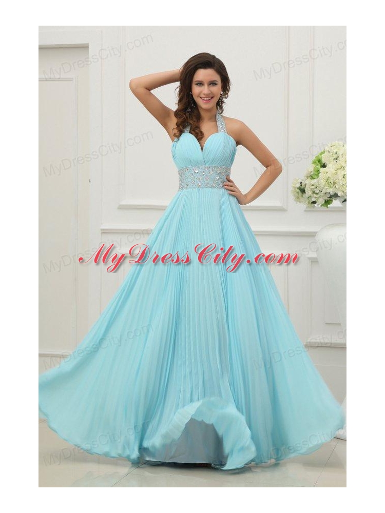 Light Blue Halter Top Neck Beading and Pleats Long Prom Dress