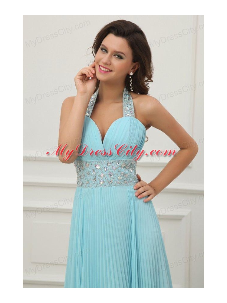 Light Blue Halter Top Neck Beading and Pleats Long Prom Dress