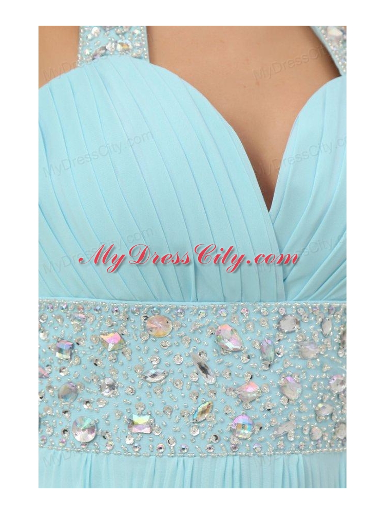 Light Blue Halter Top Neck Beading and Pleats Long Prom Dress