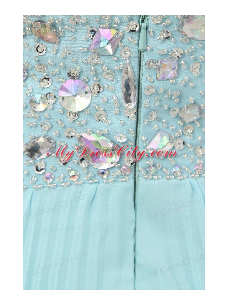 Light Blue Halter Top Neck Beading and Pleats Long Prom Dress