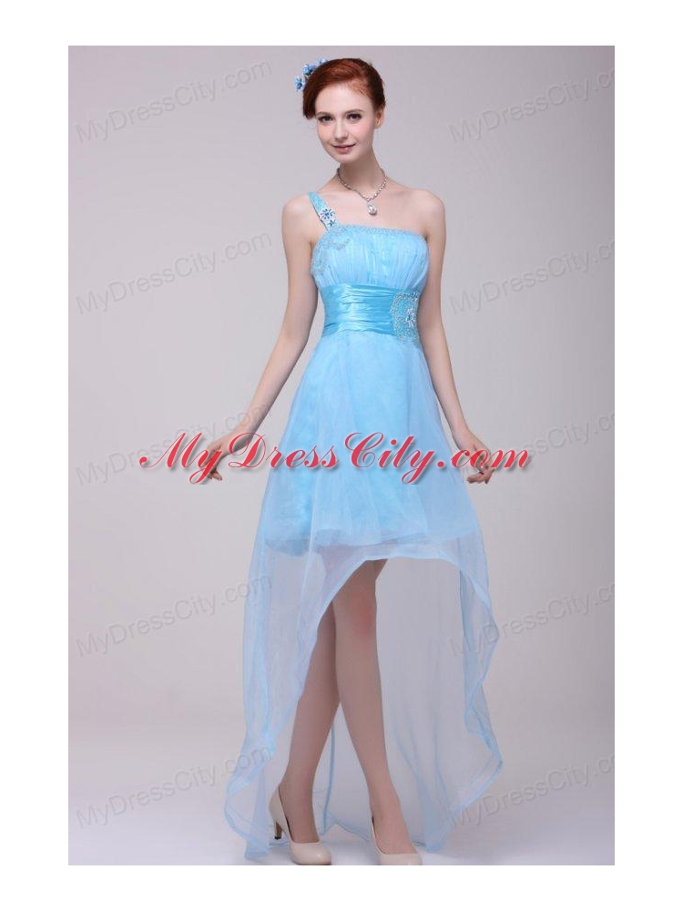 Light Blue One Shoulder High-low Beaded Decorate Prom Dress for Girls