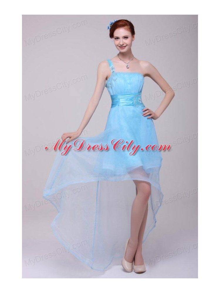 Light Blue One Shoulder High-low Beaded Decorate Prom Dress for Girls