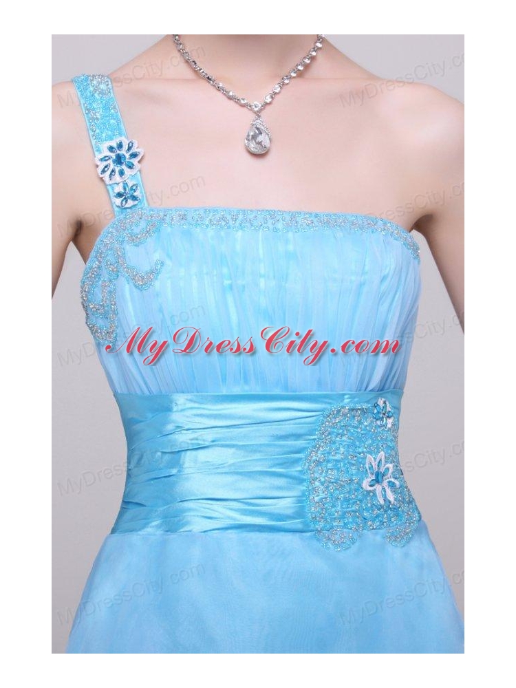 Light Blue One Shoulder High-low Beaded Decorate Prom Dress for Girls