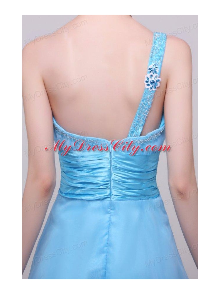 Light Blue One Shoulder High-low Beaded Decorate Prom Dress for Girls