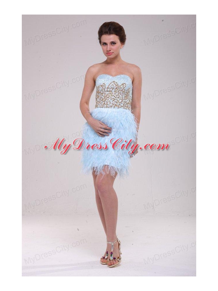 Light Blue Sweetheart Sequins Feather Mini-length Prom Dress