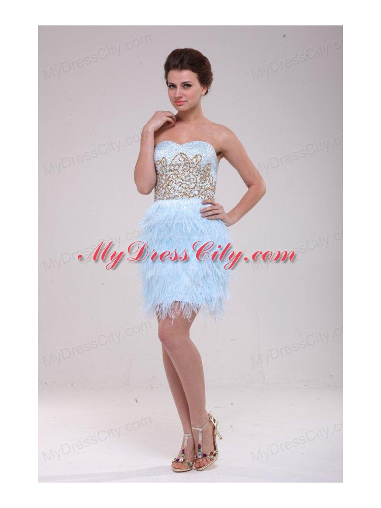 Light Blue Sweetheart Sequins Feather Mini-length Prom Dress