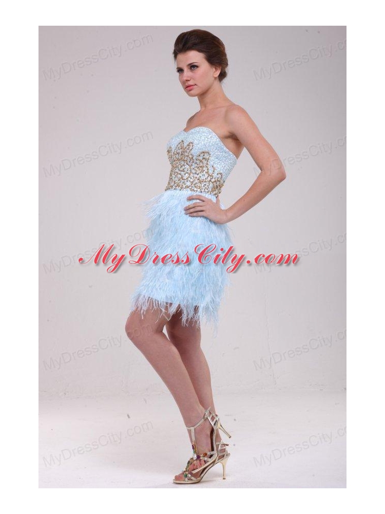 Light Blue Sweetheart Sequins Feather Mini-length Prom Dress