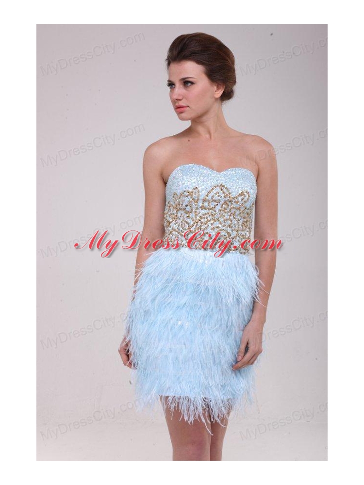 Light Blue Sweetheart Sequins Feather Mini-length Prom Dress