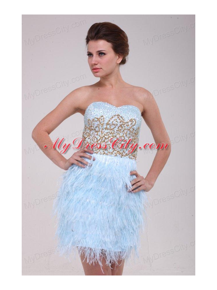 Light Blue Sweetheart Sequins Feather Mini-length Prom Dress