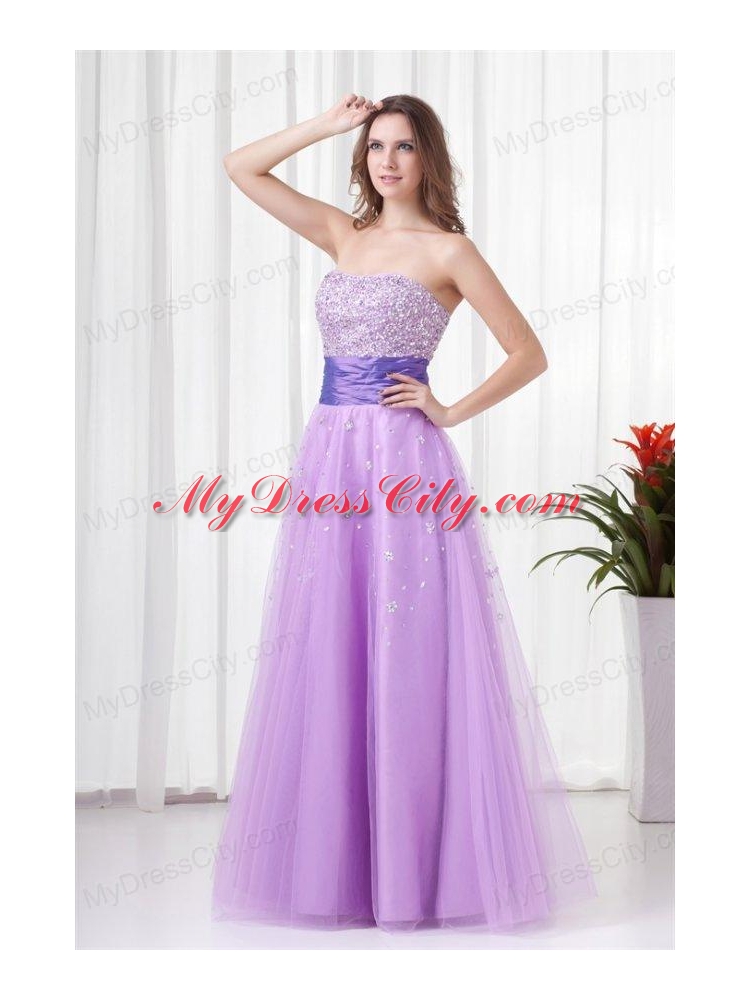 Lovely A-line Strapless Tulle Lilac Beading Prom Dress with Lace Up