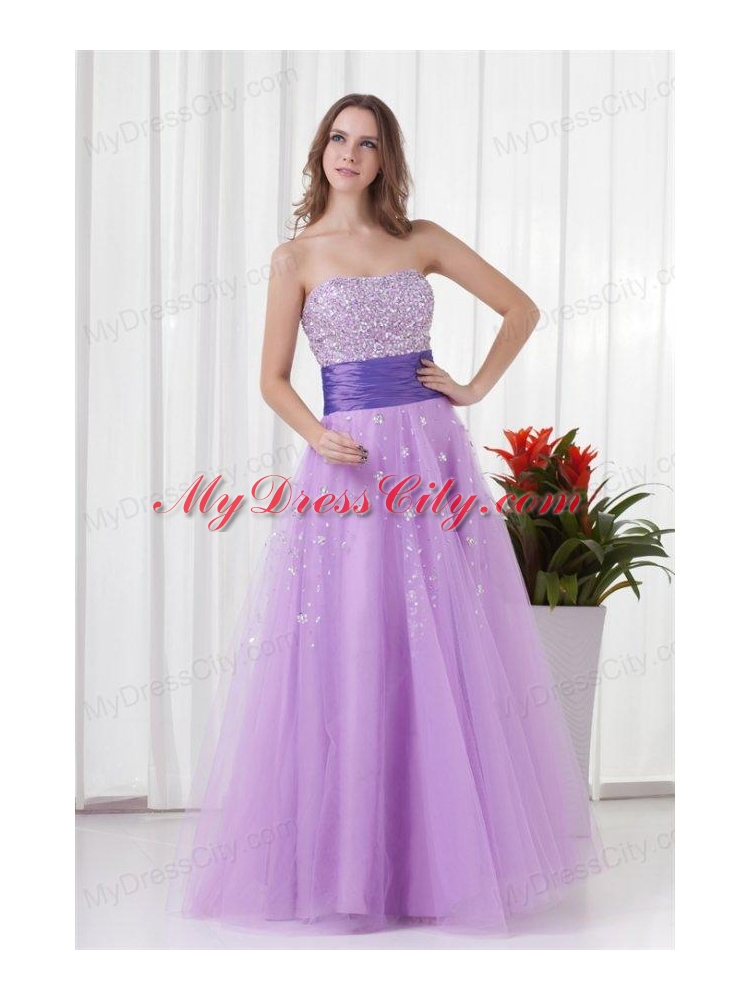 Lovely A-line Strapless Tulle Lilac Beading Prom Dress with Lace Up