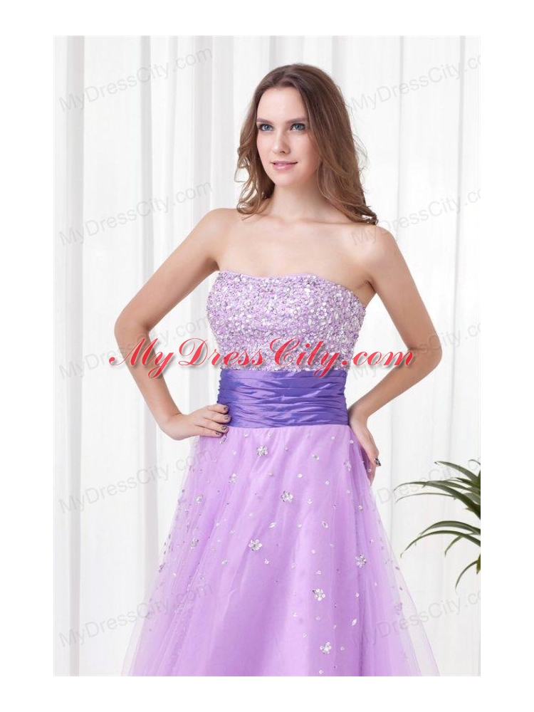 Lovely A-line Strapless Tulle Lilac Beading Prom Dress with Lace Up