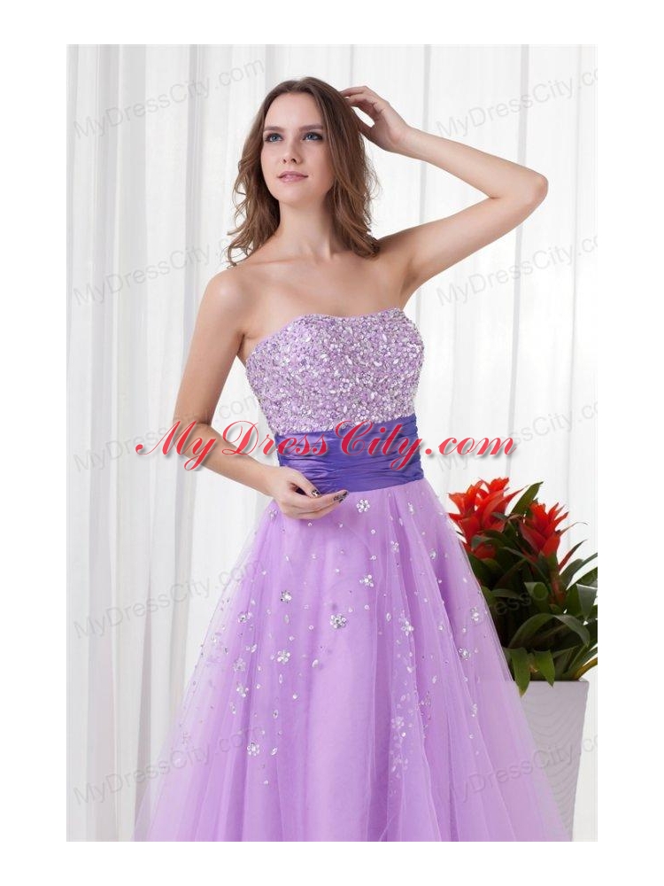 Lovely A-line Strapless Tulle Lilac Beading Prom Dress with Lace Up