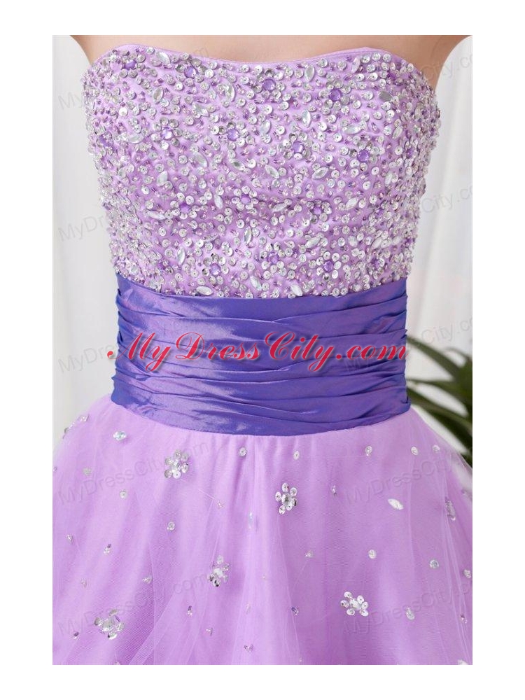 Lovely A-line Strapless Tulle Lilac Beading Prom Dress with Lace Up