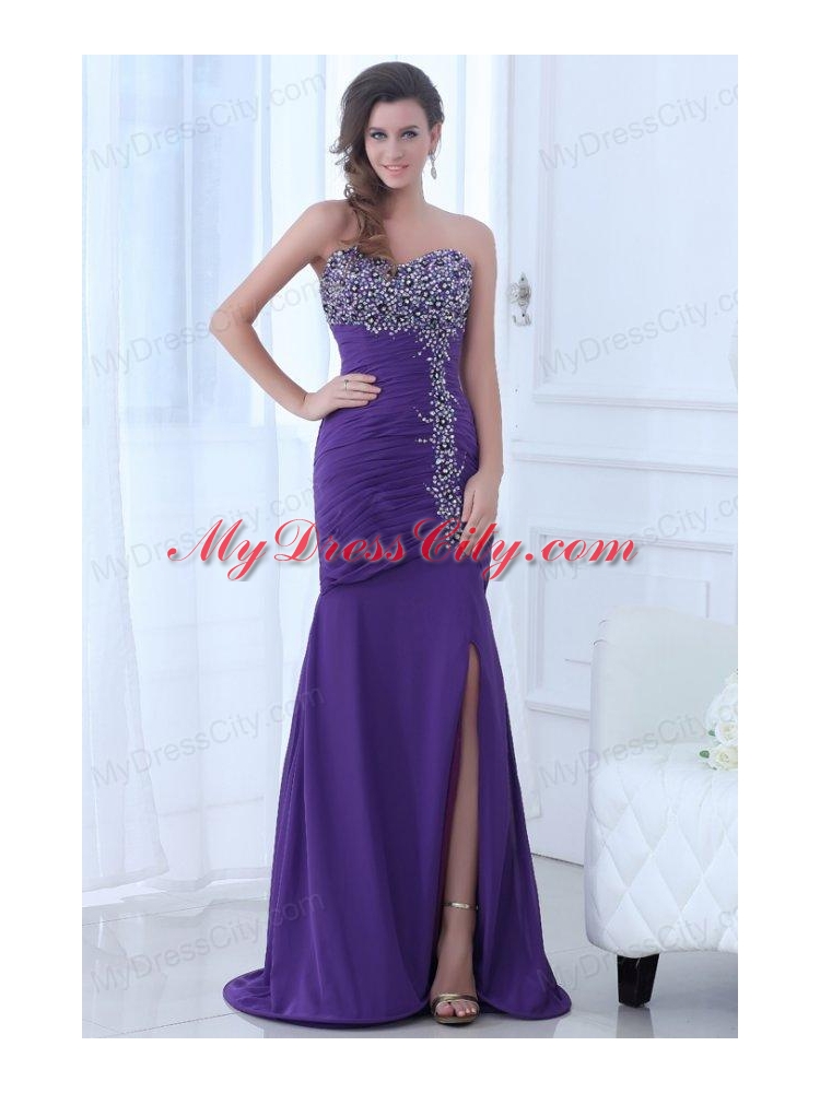 Mermaid Eggplant Purple Sweetheart High Slit Beading Chiffon Prom Dress