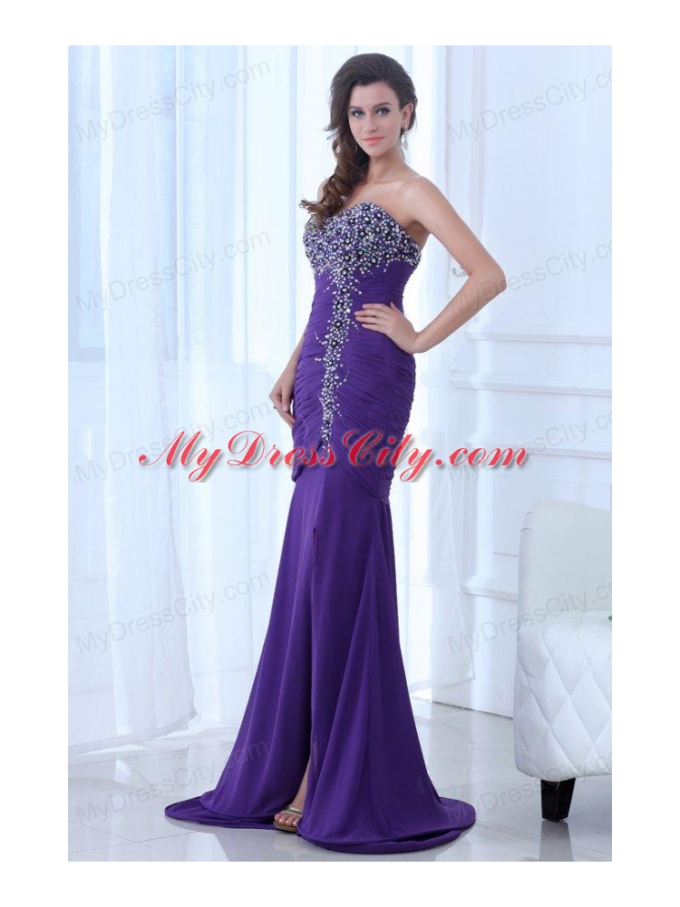 Mermaid Eggplant Purple Sweetheart High Slit Beading Chiffon Prom Dress