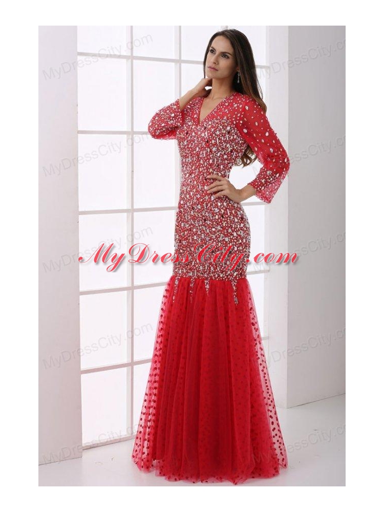 Mermaid V-neck Wine Red Beading Tulle Long Sleeves Prom Dress