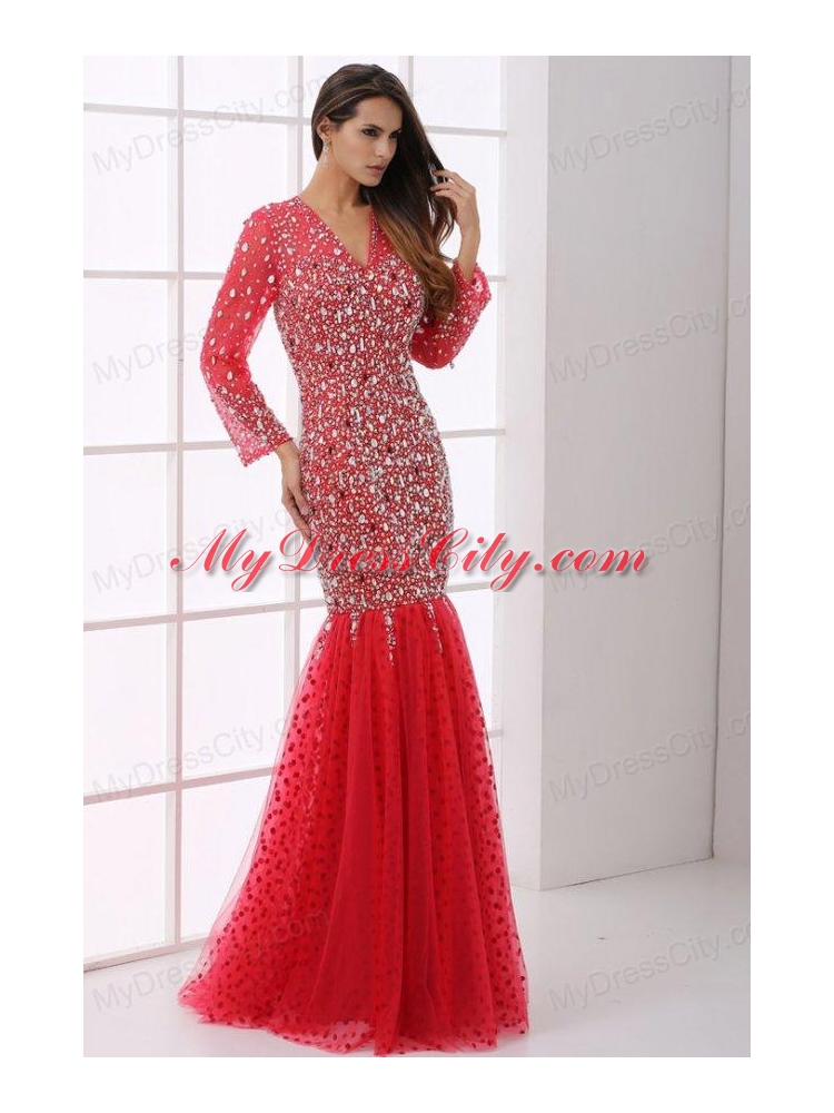 Mermaid V-neck Wine Red Beading Tulle Long Sleeves Prom Dress