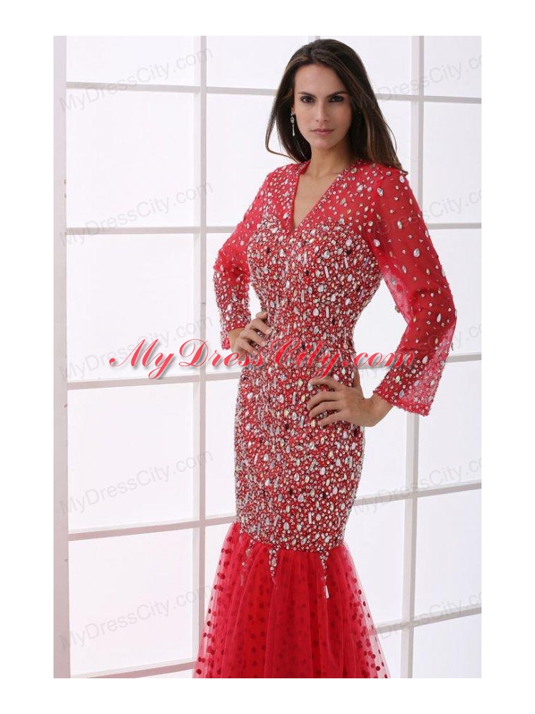 Mermaid V-neck Wine Red Beading Tulle Long Sleeves Prom Dress